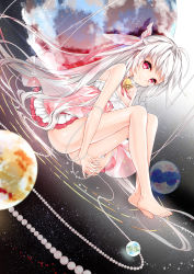 Rule 34 | 1girl, bare arms, bare legs, bare shoulders, barefoot, bell, breasts, cleavage, dress, feet, gem, gradient background, hair ribbon, highres, interlocked fingers, juna, knees up, legs together, long hair, looking at viewer, original, own hands clasped, own hands together, pearl (gemstone), planet, red eyes, ribbon, silver hair, sitting, smile, solo, space, star (sky), star (symbol), strapless, strapless dress, very long hair