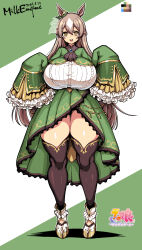 Rule 34 | 1girl, absurdres, animal ears, artist name, breasts, brooch, brown eyes, brown thighhighs, color guide, dated, dress, frilled sleeves, frills, full body, green dress, highres, horse ears, horse girl, huge breasts, jewelry, kyosuke fujiwara, light brown hair, long hair, satono diamond (umamusume), simple background, sleeves past fingers, sleeves past wrists, solo, standing, tachi-e, thick thighs, thighhighs, thighs, umamusume, very long hair, zettai ryouiki