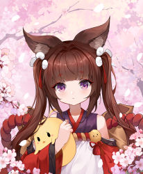 Rule 34 | 1girl, absurdres, amagi-chan (azur lane), animal ear fluff, animal ears, azur lane, blunt bangs, branch, brown hair, carrying, character doll, commentary request, detached sleeves, fox ears, fox girl, fox tail, hair intakes, hair ribbon, highres, japanese clothes, kitsune, kyuubi, long hair, looking at viewer, manjuu (azur lane), mianyang buchiyang, multiple tails, petals, purple eyes, ribbon, rope, sidelocks, solo, stuffed chicken, tail, thick eyebrows, twintails