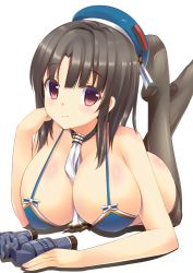 Rule 34 | 10s, 1girl, adapted costume, alternate costume, bikini, black hair, black thighhighs, blue bikini, breasts, kantai collection, large breasts, looking at viewer, lying, on stomach, onaka sukisuki, red eyes, short hair, smile, solo, swimsuit, takao (kancolle), thighhighs