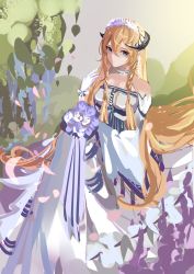 Rule 34 | 1girl, absurdly long hair, absurdres, arknights, bare shoulders, blonde hair, blue eyes, commentary request, dress, gloves, hair between eyes, hand up, highres, horns, long hair, long sleeves, looking at viewer, off-shoulder dress, off shoulder, official alternate costume, partial commentary, saileach (appreciate fragrance) (arknights), saileach (arknights), shen jiu, solo, very long hair, white gloves, wide sleeves