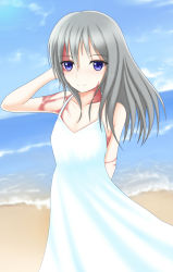 Rule 34 | 1girl, arm behind back, bare shoulders, beach, blue eyes, blue sky, blush, burn scar, cloud, collarbone, commentary, day, dorei to no seikatsu ~teaching feeling~, dress, grey hair, hand in own hair, highres, long hair, looking at viewer, md5 mismatch, ocean, outdoors, revision, robu (ms08bb), scar, sky, smile, solo, sundress, sylvie (dorei to no seikatsu), white dress