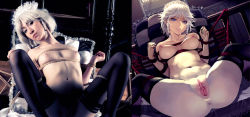 Rule 34 | 1girl, alina latypova, as109, bar censor, bdsm, blue eyes, bondage, bound, bound wrists, braid, breasts, breasts apart, censored, cosplay, cosplay photo, derivative work, izayoi sakuya, izayoi sakuya (cosplay), looking at viewer, maid headdress, navel, nipples, photo (medium), pillow, pointless censoring, pussy, rope, short hair, silver hair, small breasts, solo, spread legs, thighhighs, touhou, transparent censoring