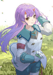 Rule 34 | 1girl, alternate hairstyle, artist name, closed mouth, coat, commentary request, eyeshadow, fiona (xenoblade), flower, hair down, highres, horns, long hair, makeup, on grass, purple hair, red eyeshadow, solo, standing, twitter username, white coat, white flower, xenoblade chronicles (series), xenoblade chronicles 3, yanagimachi, yellow eyes