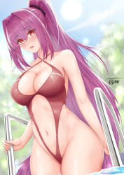 Rule 34 | 1girl, :o, bare arms, bare hips, bare shoulders, blue sky, blush, breasts, casual one-piece swimsuit, center opening, cleavage, cleavage cutout, clothing cutout, collarbone, commentary request, cowboy shot, criss-cross halter, day, fate/grand order, fate (series), groin, hair between eyes, hair intakes, halterneck, high ponytail, highres, large breasts, long hair, looking at viewer, nose blush, one-piece swimsuit, open mouth, outdoors, pool, pool ladder, purple hair, red eyes, red one-piece swimsuit, scathach (fate), sidelocks, signature, sky, solo, sun, swimsuit, toyoman, tree, very long hair, water
