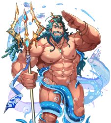 Rule 34 | 1boy, abs, another eidos-r, bara, beard, biceps, convenient censoring, dakkar (another eidos), facial hair, feet out of frame, fish, floating, green hair, holding, holding polearm, holding weapon, jewelry, large pectorals, long hair, looking at viewer, male focus, male pubic hair, mature male, muscular, muscular male, mustache, navel, necklace, nipples, official art, pectorals, polearm, pubic hair, revealing clothes, rybiok, salute, solo, stomach, tentacle clothes, tentacles, tentacles on male, thick thighs, thighs, topless male, transparent background, trident, weapon