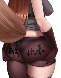 Rule 34 | 1girl, absurdres, arknights, ass, ass focus, ass support, black panties, breasts, brown gloves, brown hair, brown pantyhose, brown thighhighs, clothes writing, covered erect nipples, elbow gloves, fox tail, franka (arknights), from behind, gloves, grey shirt, highres, lahz52, large breasts, long hair, panties, panties under pantyhose, pantyhose, shirt, simple background, single leg pantyhose, single thighhigh, solo, tail, thighhighs, translation request, underwear, very long hair, wedgie, white background