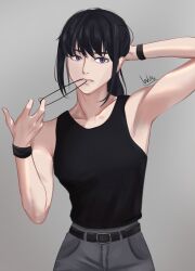 Rule 34 | 1girl, absurdres, aged up, armpits, belt, black belt, black hair, black tank top, chxoswolf, collarbone, commentary, cowboy shot, english commentary, grey background, hair tie in mouth, highres, holding hair tie, inoue takina, lycoris recoil, mouth hold, parted lips, ponytail, purple eyes, sidelocks, signature, solo, tank top, tying hair