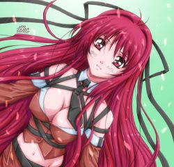 Rule 34 | 1girl, bow, breasts, cleavage, detached sleeves, covered erect nipples, large breasts, long hair, midriff, navel, necktie, red eyes, red hair, ribbon, solo, tajima nao, very long hair