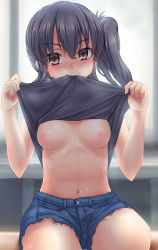 Rule 34 | &gt;:), 1girl, black eyes, black hair, black shirt, blurry, blush, breasts, clothes lift, depth of field, lifting own clothes, looking at viewer, midriff, mouth hold, navel, nipples, nose blush, original, shirt, shirt lift, short shorts, shorts, side ponytail, small breasts, solo, stomach, sweat, umarutsufuri, v-shaped eyebrows