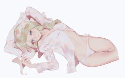 Rule 34 | 10s, 1girl, arms up, blouse, blue eyes, breasts, cleavage, closed mouth, diana cavendish, dress shirt, dutch angle, from above, green hair, head tilt, highres, light brown hair, little witch academia, looking at viewer, lying, maredoro, multicolored hair, navel, no bra, no pants, off shoulder, on back, panties, parted bangs, partially unbuttoned, pillow, pillow grab, shirt, simple background, small breasts, smile, solo, thighs, two-tone hair, underwear, white panties, white shirt