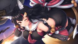 Rule 34 | 1girl, absurdres, animal ear fluff, animal ears, back, bare shoulders, bell, black hair, black shirt, black skirt, blush, breasts, collar, cropped shirt, detached sleeves, flipped hair, getting over it, hair between eyes, hair ornament, hairclip, highres, hololive, jingle bell, large breasts, long hair, looking at viewer, midriff, multicolored hair, necktie, one eye closed, ookami mio, ookami mio (1st costume), open mouth, pleated skirt, red hair, red necktie, sailor collar, sailor shirt, shirt, side slit, sidelocks, skirt, sky, solo, star (sky), starry sky, streaked hair, sweat, tail, tail around own leg, tail wrap, thighhighs, tousaki (tousakiworks), very long hair, virtual youtuber, wolf ears, wolf girl, wolf tail, yellow eyes, zettai ryouiki