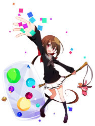 Rule 34 | 10s, 1girl, :d, arm up, bad id, bad pixiv id, bow, brown hair, hair bow, hammer, koto (colorcube), koto (kyousougiga), kyousougiga, long hair, open mouth, outstretched arm, ponytail, red eyes, school uniform, serafuku, smile, solo