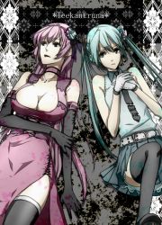 Rule 34 | 2girls, bad id, bad pixiv id, belt, breasts, choker, cleavage, elbow gloves, gloves, hatsune miku, highres, jewelry, large breasts, long hair, megurine luka, multiple girls, necklace, necktie, shioaji, skirt, thighhighs, twintails, very long hair, vocaloid