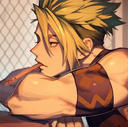 Rule 34 | 1boy, absurdres, achilles (fate), armband, brown eyes, brown theme, crossed arms, eyelashes, fate/apocrypha, fate (series), food in mouth, green hair, hair between eyes, haruakira, highres, indoors, leaning on table, male focus, mature male, muscular, muscular male, popsicle, popsicle in mouth, short hair, solo, spiked hair, undercut, window