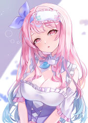 Rule 34 | 1girl, absurdres, blue hair, breasts, cleavage, collar, commentary, commission, dress, gradient hair, hair ribbon, highres, indie virtual youtuber, large breasts, long hair, multicolored hair, parted lips, pink eyes, pink hair, piyokuma, purple dress, purple ribbon, ribbon, skeb commission, sleep mask, solo, symbol in eye, two-tone dress, upper body, virtual youtuber, white collar, white dress, yumemiru suimin (vtuber)