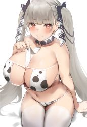 Rule 34 | 1girl, animal print, azur lane, bare shoulders, between breasts, bikini, blush, breasts, cleavage, closed mouth, collarbone, commentary request, cow print, detached collar, earrings, eyepatch bikini, formidable (azur lane), grey hair, hair ribbon, highres, jewelry, large breasts, long hair, looking at viewer, navel, red eyes, revision, ribbon, sitting, smile, solo, swimsuit, thighhighs, thighs, twintails, two-tone ribbon, usa b, very long hair, white thighhighs