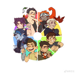 Rule 34 | 6+boys, absurdres, animal, animal in clothes, arknights, avatar legends, bara, barley lightfoot, ben 10, ben tennyson, black hair, black tank top, blue hair, blue skin, blush, bolin, camouflage, camouflage headwear, character request, color connection, color coordination, color wheel challenge, colored skin, crossover, eating, ethan (arknights), facial hair, fang, fang out, fire ferret, fish, freckles, goatee stubble, gou mangwu, green eyes, headband, highres, holding, holding animal, holding fish, looking at viewer, male focus, multiple boys, multiple crossover, multiple drawing challenge, official alternate costume, onward, pointy ears, puckered lips, scar, short hair, shy, stubble, tank top, the legend of korra, thick eyebrows
