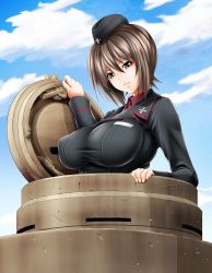 Rule 34 | 10s, 1girl, black jacket, breasts, brown eyes, brown hair, cloud, day, garrison cap, girls und panzer, hat, highres, jacket, large breasts, looking at viewer, military, military uniform, military vehicle, motor vehicle, nishizumi maho, red shirt, red skirt, shirt, short hair, size hermitage, skirt, sky, solo, tank, tiger tank, uniform, vehicle
