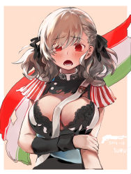 Rule 34 | 1girl, absurdres, artist name, bad id, bad pixiv id, blush, braid, breasts, character name, cleavage, commentary, curly hair, epaulettes, eyebrows, girls&#039; frontline, gun, hair between eyes, highres, italian flag, large breasts, looking at viewer, official alternate costume, open mouth, red eyes, sash, shotgun, silver hair, solo, spas-12 (girls&#039; frontline), suru (ksoo420), weapon
