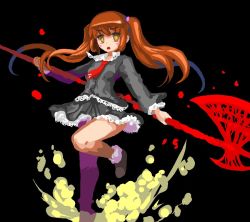 Rule 34 | 1girl, black background, brown hair, halberd, magic castle re pure aria, open mouth, pixel art, polearm, twintails, weapon, yomitim