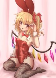 Rule 34 | 1girl, :d, animal ears, blonde hair, bow, bowtie, breasts, crystal, detached collar, fishnet thighhighs, fishnets, flandre scarlet, full body, garter straps, highres, leotard, looking at viewer, medium hair, naegi (naegidokoro), one side up, open mouth, rabbit ears, rabbit tail, red bow, red bowtie, red eyes, red leotard, seiza, sitting, small breasts, smile, solo, tail, thighhighs, touhou, wings, wrist cuffs