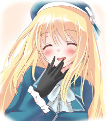 Rule 34 | 10s, 1girl, :d, ^ ^, ascot, atago (kancolle), bad id, bad pixiv id, beret, black gloves, blonde hair, blue dress, blush, closed eyes, dress, closed eyes, facing viewer, finger to mouth, frilled sleeves, frills, gloves, hat, kantai collection, kazushima, long hair, long sleeves, looking at viewer, military, military uniform, open mouth, smile, uniform, upper body