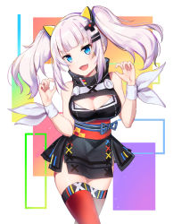 Rule 34 | 1girl, :d, absurdres, bada (jksh5056), bare shoulders, black dress, blue eyes, blunt bangs, blush, breasts, cleavage, cleavage cutout, clothing cutout, commentary request, cowboy shot, dress, fang, hair ornament, hairclip, hands up, head tilt, highres, kaguya luna, large breasts, long hair, looking at viewer, obi, open mouth, red thighhighs, sash, sidelocks, silver hair, sleeveless, sleeveless dress, smile, solo, the moon studio, thighhighs, twintails, v-shaped eyebrows, virtual youtuber