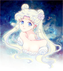 Rule 34 | 1girl, bad id, bad pixiv id, bishoujo senshi sailor moon, blue eyes, breasts, cleavage, crescent, crescent facial mark, double bun, earrings, facial mark, flower, forehead mark, hair flower, hair ornament, jewelry, princess serenity, rose, saki (hxaxcxk), smile, solo, tsukino usagi, twintails, upper body, white hair