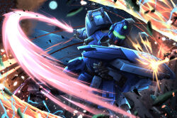 Rule 34 | arm shield, assault visor, attack, beam saber, blue destiny 01, charging forward, commentary, debris, dutch angle, electricity, energy sword, full moon, gundam, gundam side story: the blue destiny, highres, holding, holding sword, holding weapon, mecha, mobile suit, moon, night, no humans, ocean, outdoors, robot, science fiction, slashing, smoke, solo, star (sky), sword, troy (oxaa01ex), water, weapon