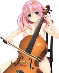 Rule 34 | 1girl, artist request, breasts, brown eyes, cello, chair, copyright request, hairband, highres, holding, holding instrument, instrument, large breasts, long hair, looking at viewer, nipples, nude, pink hair, sitting, smile, solo, transparent background
