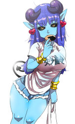 Rule 34 | 1girl, astaroth (shinrabanshou), bag, black sclera, blue hair, blue shorts, blue skin, bracer, breasts, clothes writing, colored sclera, colored skin, cutoffs, demon girl, demon horns, demon tail, denim, denim shorts, earrings, eyebrows, eyelashes, facing away, food, heart, heart earrings, holding, holding bag, holding food, horns, jewelry, kafun, legs together, long hair, looking at viewer, medium breasts, no wings, plastic bag, pointy ears, shinrabanshou, shiny skin, shirt, short shorts, short sleeves, shorts, simple background, solo, straight hair, t-shirt, tail, thigh gap, white background, white shirt, yellow eyes