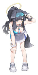 Rule 34 | 1girl, absurdres, animal ears, arm support, bent over, black hair, blue archive, blunt bangs, bracelet, breasts, cheerleader, cleavage, collarbone, commentary request, dog ears, dog girl, dog tail, eyes visible through hair, eyewear on head, facial tattoo, full body, grey eyes, halo, head tilt, hibiki (blue archive), hibiki (cheer squad) (blue archive), highres, jewelry, long hair, looking away, looking to the side, medium breasts, millennium cheerleader outfit (blue archive), official alternate costume, parted lips, polyvora, ponytail, shoes, sidelocks, simple background, sleeveless, sneakers, solo, standing, star tattoo, sunglasses, sweat, tail, tattoo, white background