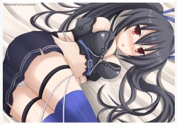 Rule 34 | 10s, 1girl, artist name, bare shoulders, bdsm, bed, black hair, blush, bondage, bound, breasts, cleavage, female focus, hair ornament, kami jigen game neptune v, kazenokaze, long hair, lying, midriff, neptune (series), noire (neptunia), nose blush, on side, open mouth, panties, pantyshot, red eyes, solo, thighhighs, twintails, underwear, white panties