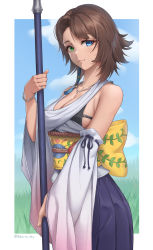Rule 34 | 1girl, bare shoulders, blue eyes, blush, bra strap, bracelet, breasts, brown hair, cleavage, detached sleeves, final fantasy, final fantasy x, green eyes, hakama, hakama skirt, heterochromia, highres, japanese clothes, jewelry, large breasts, long skirt, looking at viewer, medium breasts, necklace, obi, sash, short hair, skirt, smile, solo, staff, standing, stormstx, wide sleeves, yuna (ff10)