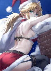 Rule 34 | 1girl, ass, blonde hair, braid, breasts, fate/apocrypha, fate (series), french braid, fur-trimmed headwear, fur trim, green eyes, hat, highres, long hair, looking at viewer, mordred (fate), mordred (fate/apocrypha), parted bangs, ponytail, red hat, santa costume, santa hat, sidelocks, small breasts, solo, tonee