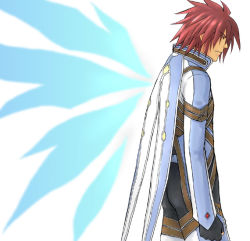 Rule 34 | 00s, 1boy, akagi haruna, alternate costume, ass, kratos aurion, male focus, red eyes, red hair, short hair, simple background, solo, spiked hair, spoilers, tales of (series), tales of symphonia, white background, wings