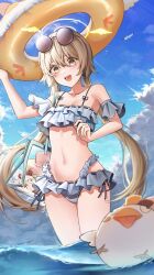 Rule 34 | 1girl, :d, absurdres, bare shoulders, bikini, blue archive, blue sky, blush, brown eyes, brown hair, halo, hifumi (blue archive), hifumi (swimsuit) (blue archive), highres, innertube, long hair, looking at viewer, navel, nyong sang, open mouth, peroro (blue archive), sky, smile, solo, standing, swimsuit, thighs, tube, twintails, wading, water, white bikini