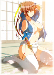 Rule 34 | 1girl, blush, breasts, brown eyes, brown hair, covered erect nipples, dead or alive, kasumi (doa), kettsu, large breasts, long hair, looking at viewer, navel, no shoes, open clothes, sheath, sheathed, sitting, solo, sword, tatami, thighhighs, wariza, weapon, white thighhighs