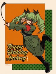 Rule 34 | anchovy (girls und panzer), armband, artist name, dated, drill hair, girls und panzer, green background, green hair, green jacket, green pants, happy birthday, highres, holding riding crop, jacket, leoponchiaki, multicolored background, orange background, pants, polka dot, polka dot background, red armband, red eyes, sleeves past wrists, smile, twin drills, white background