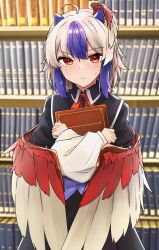 Rule 34 | 1girl, ahoge, annoyed, bird wings, black skirt, blue hair, blush, book, bookshelf, closed mouth, collar, gunsou1350, head wings, highres, holding, holding book, horns, long sleeves, looking at viewer, multicolored hair, neck ribbon, photo background, red eyes, red wings, ribbon, short hair, single head wing, skirt, solo, tokiko (touhou), touhou, two-tone hair, two-tone wings, white hair, white wings, wings