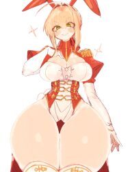 Rule 34 | 1girl, ahoge, animal ears, bare hips, blonde hair, blush, braid, breasts, cleavage, dress, fake animal ears, fate/grand order, fate (series), gluteal fold, green eyes, highres, large breasts, looking at viewer, medium hair, nero claudius (fate), nero claudius (fate) (all), rabbit ears, red dress, shoulder pads, sidelocks, smile, thick thighs, thighhighs, thighs, usa37107692, white thighhighs, wide hips