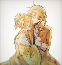 Rule 34 | 1boy, 1girl, ahoge, aku no meshitsukai (vocaloid), allen avadonia, ascot, blonde hair, bow, brother and sister, choker, clenched hand, closed eyes, clothes grab, comforting, crying, dress, evillious nendaiki, hair bow, hand grab, hand on another&#039;s back, hetero, highres, holding another&#039;s wrist, jacket, jacket grab, kiss, kissing forehead, lyrics, orange jacket, riliane lucifen d&#039;autriche, short ponytail, siblings, sketch, streaming tears, tears, twins, updo, vocaloid, warabi (danngo-mitarasi), wide sleeves, yellow dress