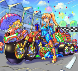 Rule 34 | 2boys, 2girls, alternate costume, angry, armor, blonde hair, blue eyes, blue sky, boots, breasts, car, cloud, cloudy sky, confetti, crossover, crown, cup, earrings, facial hair, gloves, hat, highres, jewelry, large breasts, long hair, looking at another, mario, mario (series), mario kart, metroid, motor vehicle, multiple boys, multiple girls, mustache, nintendo, oomasa teikoku, overalls, parasol, plastic cup, plugsuit, ponytail, princess peach, salute, samus aran, sky, smile, spread legs, straw, toad, toad (mario), umbrella, vehicle, wheels