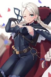 Rule 34 | 1girl, absurdres, ahoge, blue eyes, bodysuit, boots, braid, breasts, cape, cleavage, covered navel, earrings, female focus, fire emblem, fire emblem fates, fire emblem heroes, highres, hood, hooded cape, jewelry, latex, latex bodysuit, leather belt, leather strap, looking at viewer, mask, medium breasts, nina (fire emblem), nintendo, official alternate costume, official art, parted bangs, reia hana, skin tight, solo, thigh boots, tongue, tongue out, turtleneck, twin braids, unworn mask, white hair