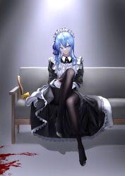 Rule 34 | 1girl, absurdres, alternate costume, apron, asymmetrical hair, axe, bad id, bad pixiv id, black dress, black footwear, black pantyhose, blood, blood on clothes, blood on face, blue eyes, blue hair, blue ribbon, buttons, ceiling light, commentary, couch, dress, enmaided, frilled dress, frills, full body, gloves, gradient background, grey background, hair between eyes, hair ribbon, hatchet, hatchet (axe), high heels, highres, hololive, hoshimachi suisei, implied murder, knee up, light blue hair, long sleeves, looking at viewer, maid, maid headdress, medium hair, pantyhose, parted lips, ribbon, side ponytail, simple background, sitting, smile, solo, striped ribbon, thighband pantyhose, toi1et paper, virtual youtuber, white apron, white gloves, wing collar