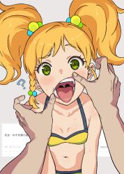 Rule 34 | 1boy, 1girl, ?, aikatsu! (series), aikatsu stars!, bikini, blonde hair, braid, breasts, commentary request, green eyes, looking at viewer, mouth pull, navel, nikaido yuzu, open mouth, osame, pov, pov hands, saliva, side braid, small breasts, solo focus, sweat, swimsuit, teeth, tongue, tongue out, twintails, uvula, yellow bikini