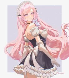 Rule 34 | 1girl, bare shoulders, black choker, black dress, breasts, bunnyoki, choker, commentary, detached sleeves, dress, elbow gloves, elysia (honkai impact), elysia (miss pink elf) (honkai impact), english commentary, frilled dress, frilled gloves, frills, garter straps, gloves, grey background, highres, honkai (series), honkai impact 3rd, long hair, looking at viewer, looking to the side, maid, maid headdress, medium breasts, pink hair, puffy short sleeves, puffy sleeves, purple eyes, short sleeves, signature, smile, solo, two-tone background, very long hair, white gloves, white sleeves