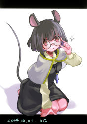 Rule 34 | 1girl, adjusting eyewear, animal ears, bespectacled, capelet, commentary request, dated, full body, glasses, highres, letterboxed, mouse ears, mouse tail, namauni, nazrin, sitting, solo, tail, touhou