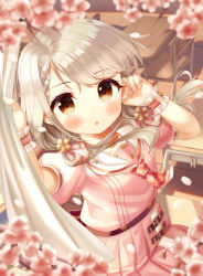 Rule 34 | 1girl, :o, absurdres, arm up, blush, brown eyes, chair, commentary request, desk, grey hair, hair over shoulder, hand up, highres, hisakawa nagi, idolmaster, idolmaster cinderella girls, indoors, long hair, looking at viewer, low twintails, parted lips, pink serafuku, pink shirt, pink skirt, plaid neckwear, pleated skirt, puffy short sleeves, puffy sleeves, red neckwear, sailor collar, school chair, school desk, school uniform, serafuku, shirt, short sleeves, skirt, solo, twintails, very long hair, white sailor collar, wrist cuffs, yata (yatao zzz)